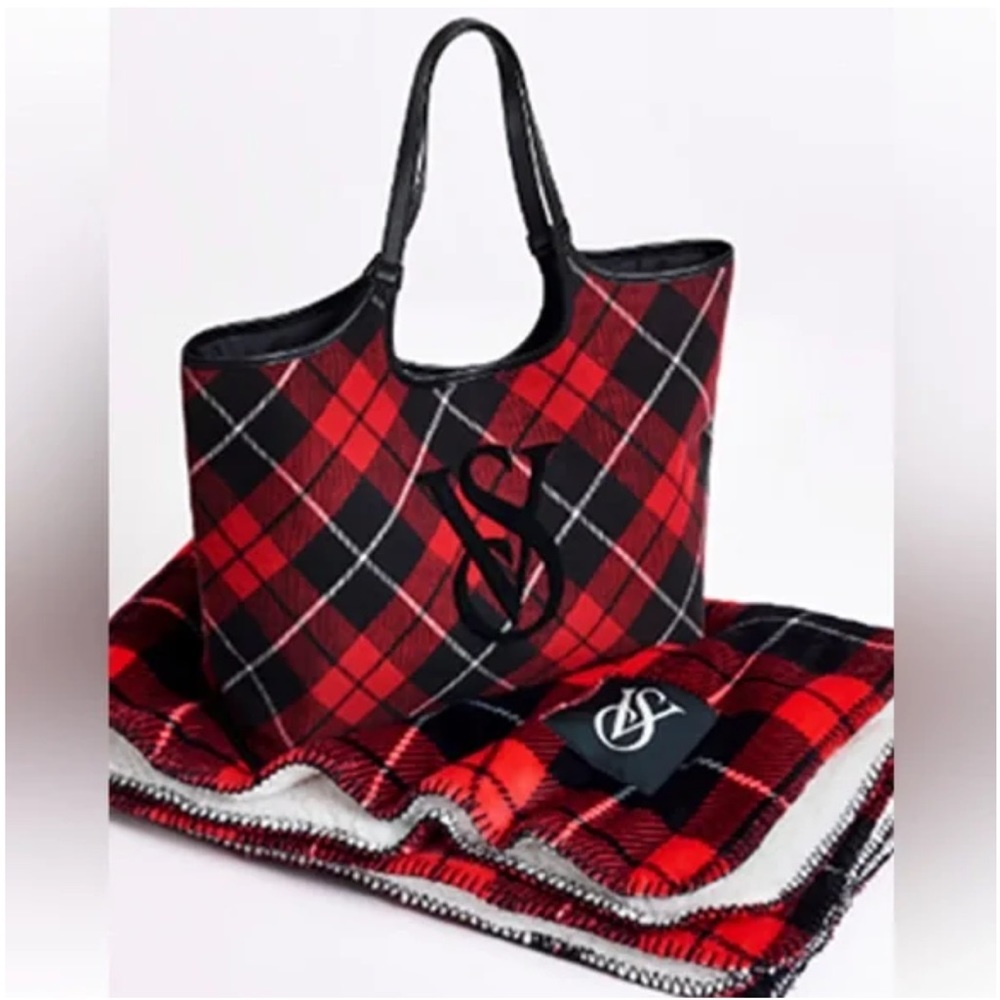 NWT Victoria Secret Red and black plaid tote and cozy blanket bundle